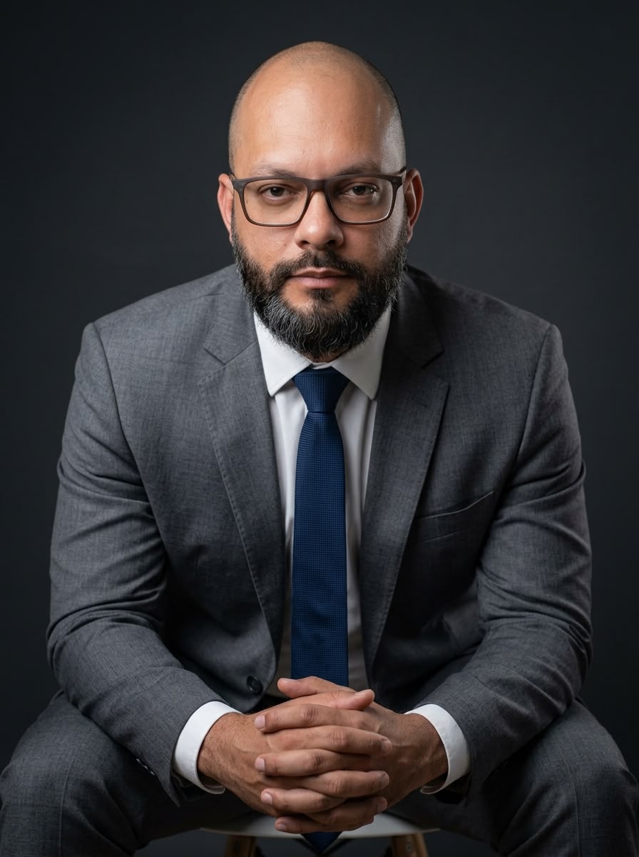 Retrato de Alex Cavalcante sentado, em traje profissional